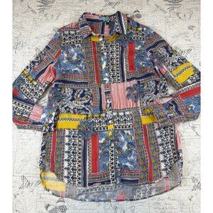 EUC J. McLaughlin Brit Linen Long Slv Button Shirt Mix Print Patchwork womens L